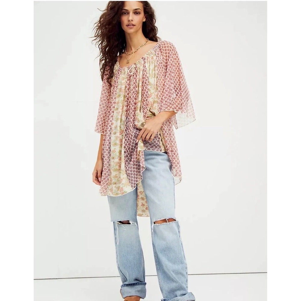 Free People Because I Love You Sheer Tunic Top Wide Sleeve Floral Womens Medium